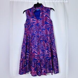 Tori Richard Royal Blue Dress with Coral Pink Leaf Print Resort Farm Rio Vibe
